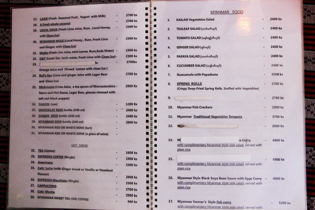 Speisekarte Restaurant Nyaung U