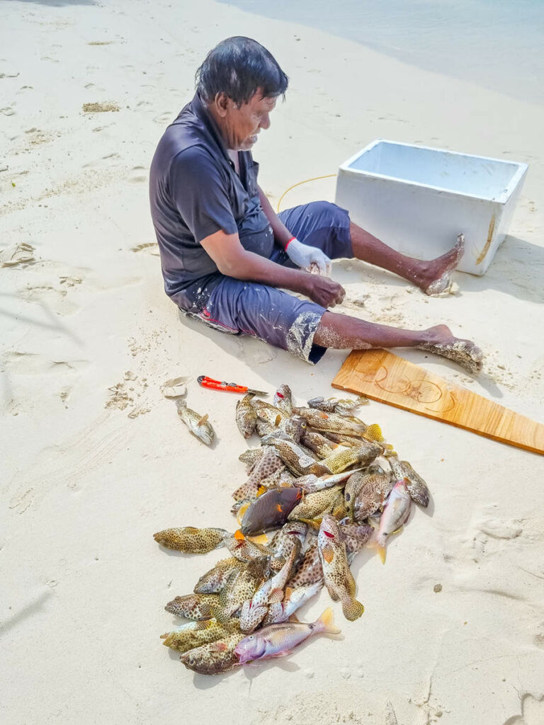 Einheimische entschuppt Fisch auf Ukulhas